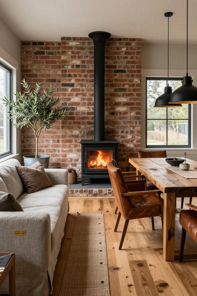 Sunroom interior with freestanding black wood stove against exposed brick wall, burning fire inside, beige sofa nearby, wooden dining table with leather chairs, potted olive tree in metal pot, large windows showing outdoor view, and light wood floors.