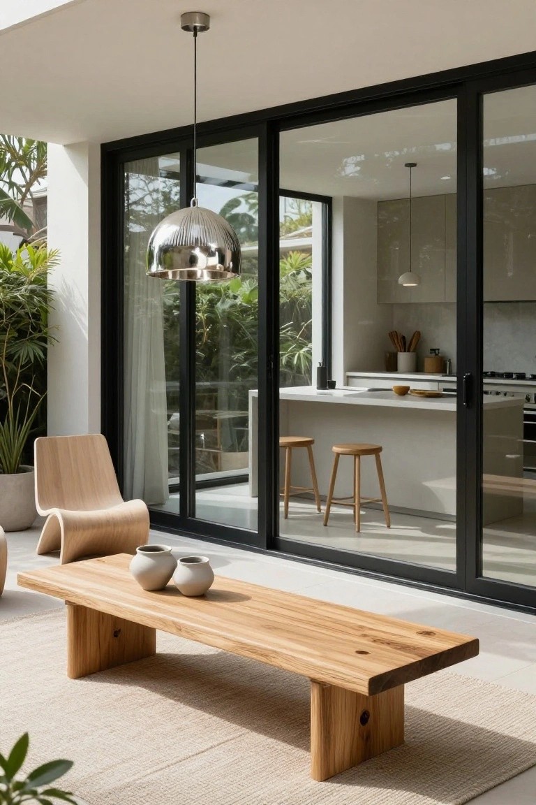 Covered outdoor terrace featuring a low rectangular wooden coffee table with two white ceramic vases, a curved light wood armchair, potted plants, a beige woven rug on tiled floor, and large black-framed sliding glass doors open to a modern white kitchen with wooden stools at an island.