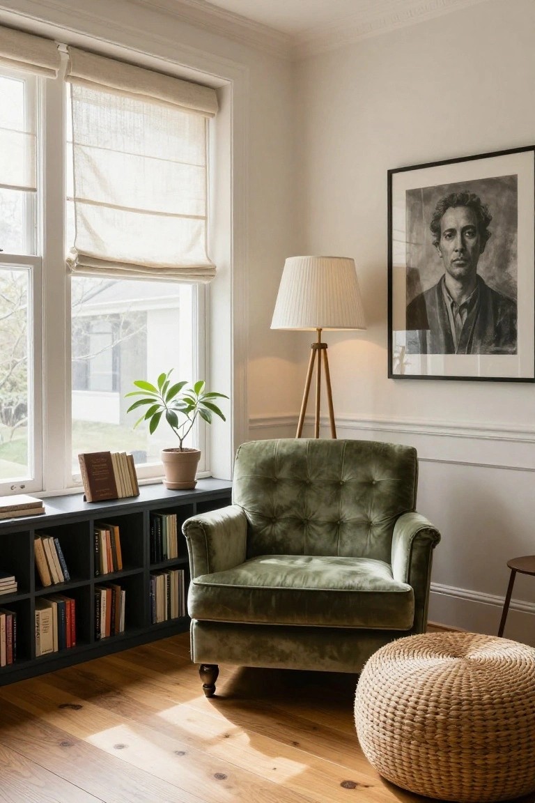 Cozy living room with a green armchair, bookshelf, plant, and framed portrait.