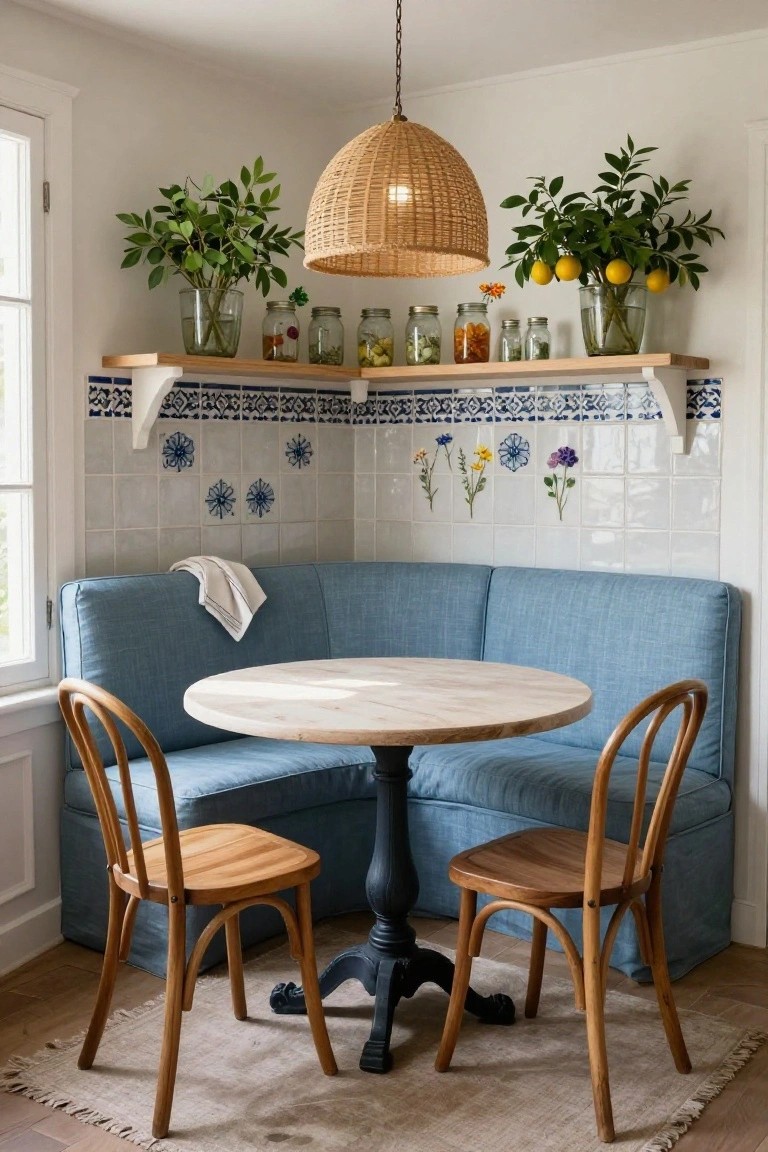 Blue fabric banquette in a corner nook with round white marble-topped table, two wooden chairs, shelves holding jars and potted plants, blue and white floral tiled walls, and a window.