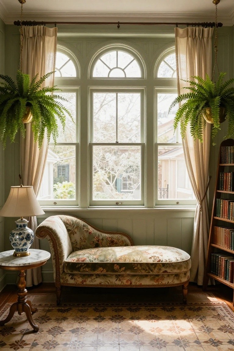 Pale green interior room with three arched windows draped in sheer curtains, flanked by hanging ferns in gold pots, floral-upholstered chaise lounge beside a marble-top table holding a blue vase and lamp, wooden bookshelves, and patterned tile floor.