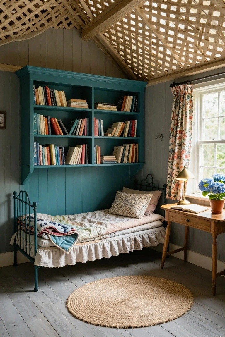 Small interior room with teal built-in bookshelves on paneled walls, iron daybed with quilts underneath, wooden desk with open book and lamp, floral curtains on window, potted hydrangea, seagrass rug, and lattice ceiling on gray wood floors.