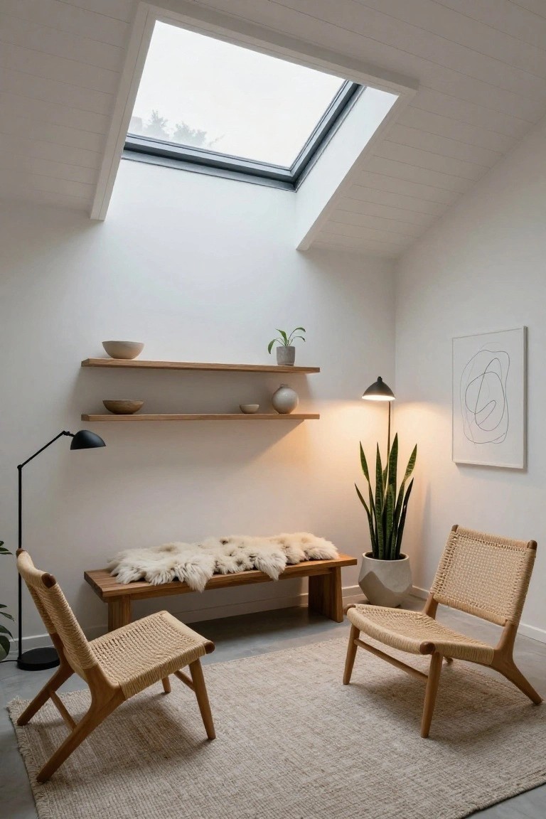 Bright white corner room with skylight overhead, wooden shelves holding ceramic bowls and plants, black desk lamp, tall snake plant in pot, two light wood chairs with woven seats facing wooden bench covered in white sheepskin, light rug on concrete floor