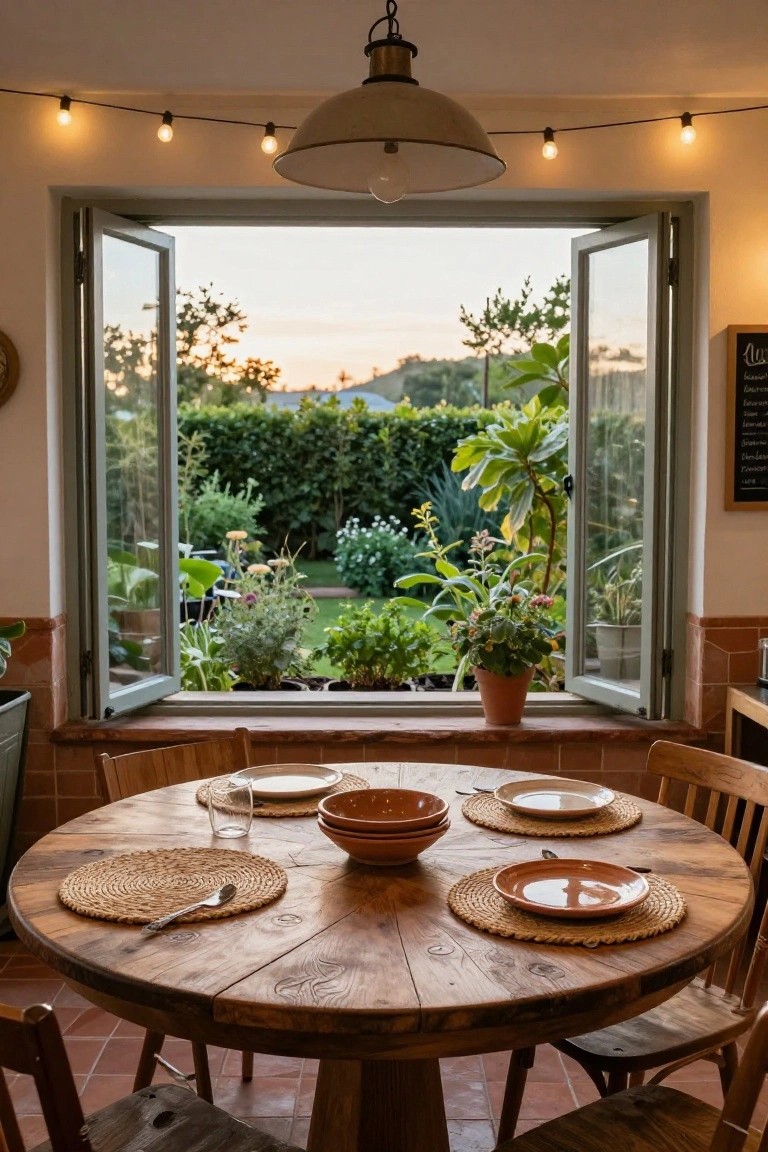 Wooden round dining table set with placemats, plates, bowls, glasses, and utensils on a terracotta floor in a kitchen with open French windows overlooking a garden at sunset.