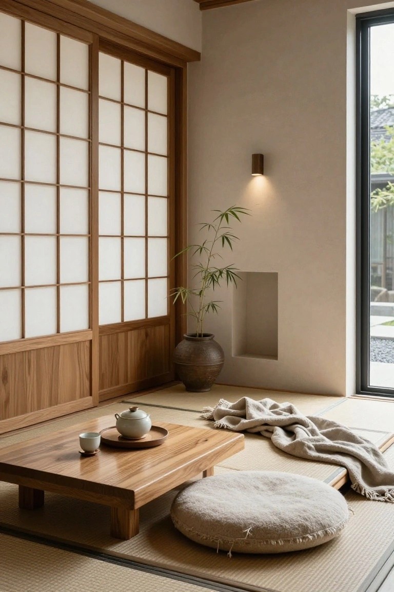 A minimalist Japanese room with a wooden table, teacups, a potted bamboo plant, and tatami flooring.