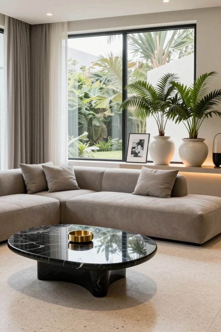 L-shaped beige sofa with pillows in a light room, black marble oval coffee table, large windows showing tropical plants and garden outside, white vases on shelf.