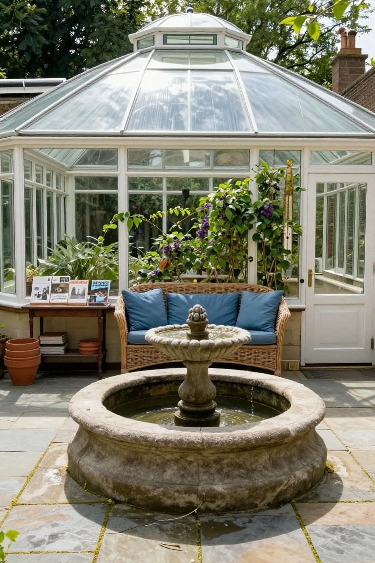 Stone pedestal fountain with flowing water on a slate patio directly in front of open doors to a white glass conservatory containing a wicker loveseat with blue cushions, plants, and bookshelves.