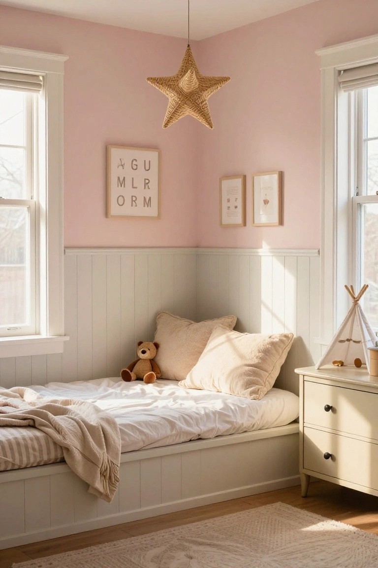Child's bedroom with pale pink upper walls and white wainscoting on lower walls, low platform bed with white sheets cream pillows and teddy bear, wooden dresser next to teepee toy, rattan star lamp overhead, and two windows with blinds letting in sunlight.