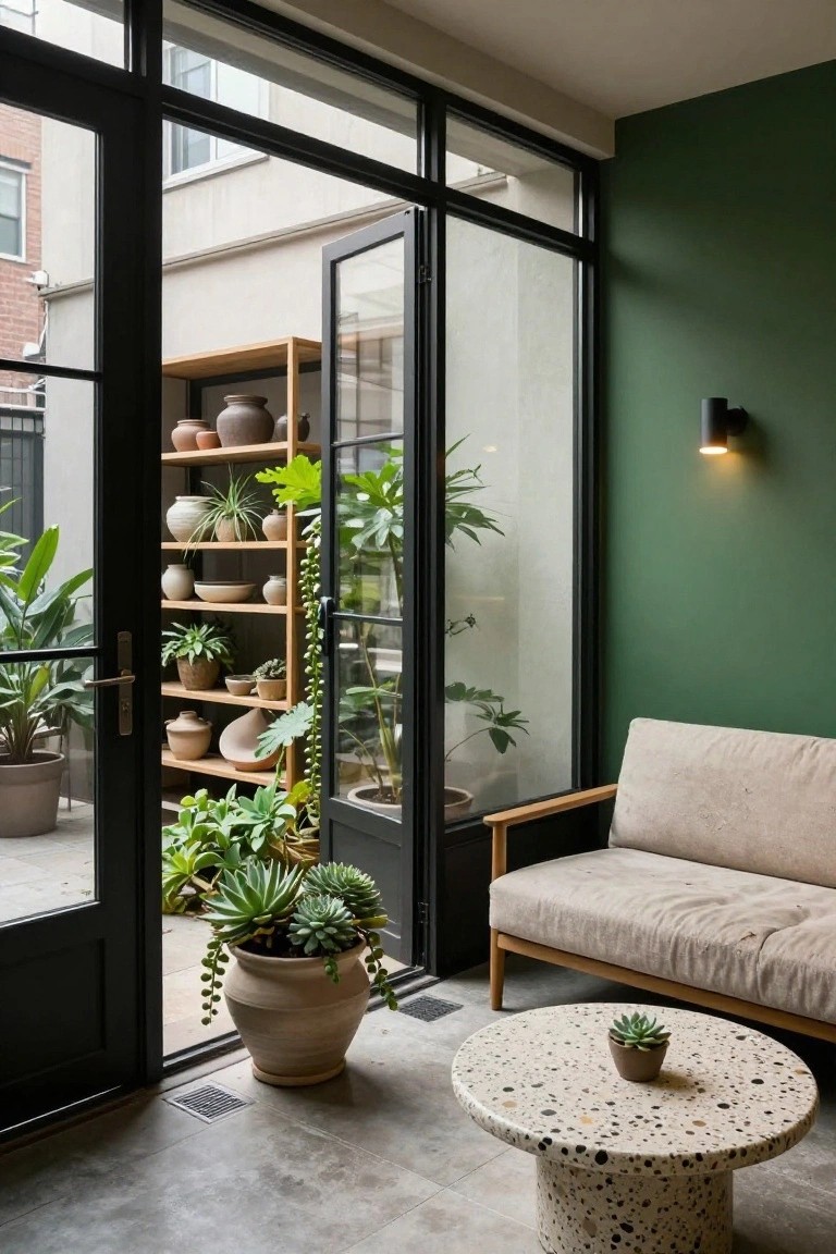Sunroom interior with dark green wall, tall wooden shelf holding assorted potted plants and ceramic pots, open black-framed glass doors to a planted courtyard, beige armchair, and round white terrazzo coffee table with small potted succulent.