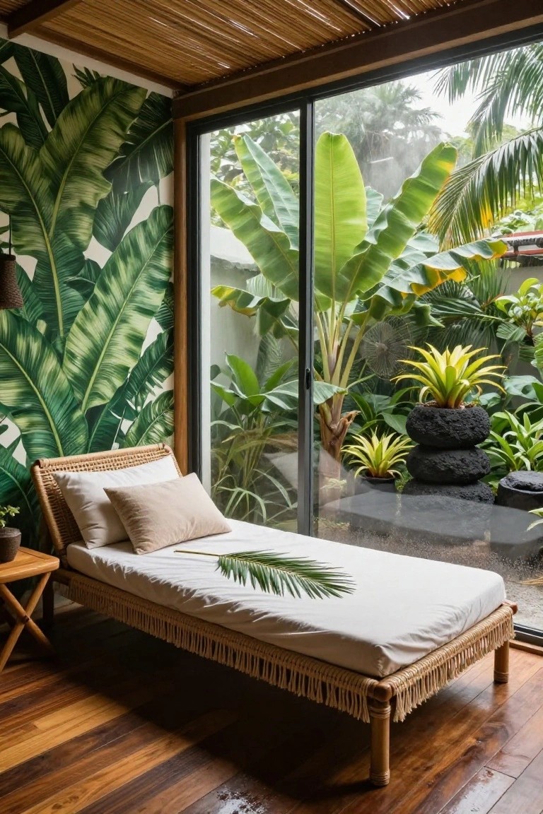 Sunroom interior with banana leaf wallpaper, low white rattan daybed with fringe trim and pillows, wooden side table, large glass doors to lush tropical garden, bamboo ceiling, and teak wood floor.