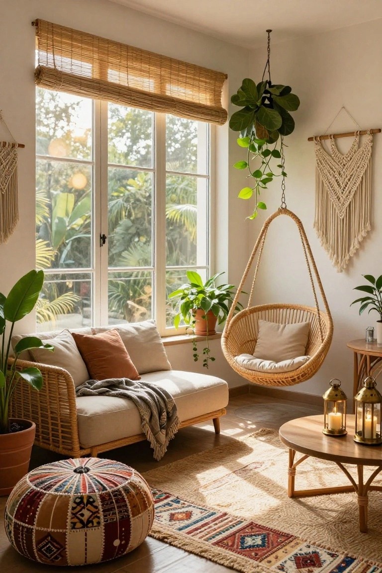 Sunlit interior corner with beige rattan sofa and throw blanket, woven hanging egg chair with cushions, colorful patterned pouf, potted plants, macrame wall hangings, bamboo blinds over large windows showing tropical greenery outside, wooden side table with lanterns, and woven rug on wood floor.
