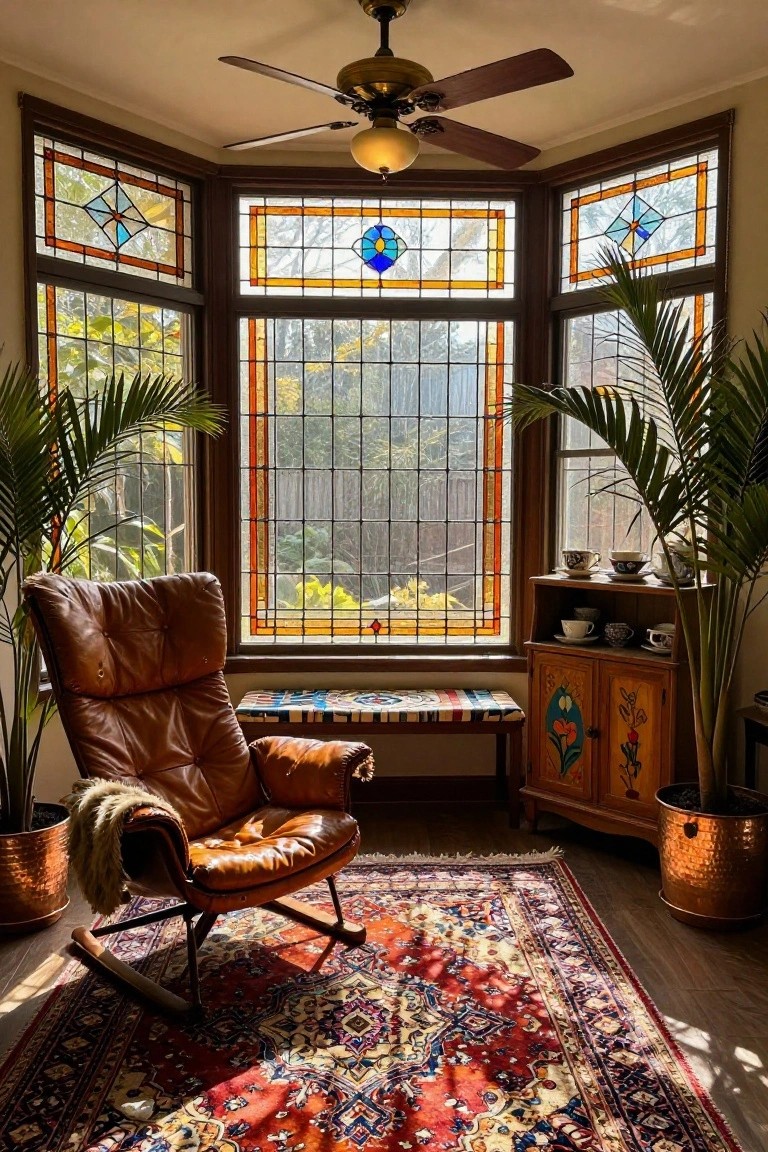 Cozy sunroom interior with three large stained glass bay windows overlooking greenery, brown leather armchair, potted palm plants, wooden cabinet with dishes, colorful bench, and red Persian rug on wood floor.
