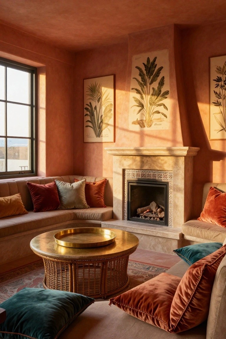 Sunlit interior room with terracotta plaster walls, corner stone fireplace with gas logs, L-shaped beige built-in sofa topped with velvet pillows in rust, sage, teal, and orange, brass tray on rattan table, botanical prints on walls, large black-framed window showing sea view.