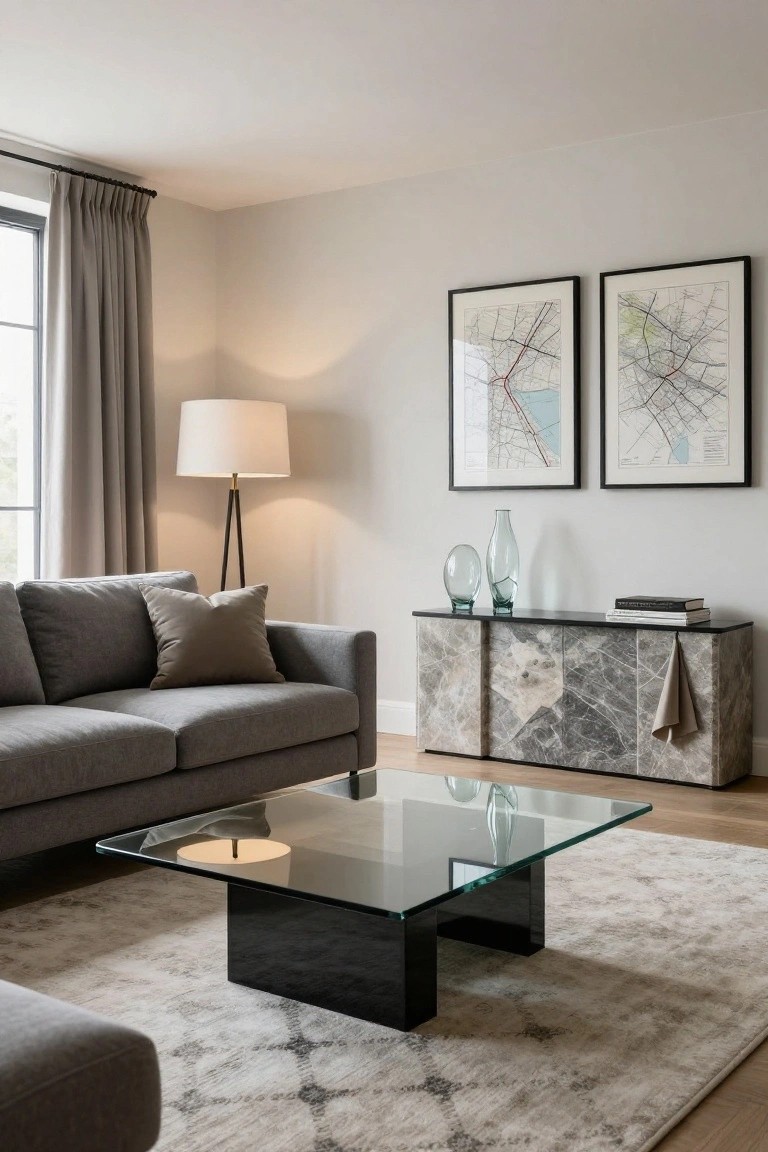 Modern living room with gray sofa, black-based glass coffee table on light rug, tripod floor lamp, marble-paneled sideboard topped with glass vases and books, and two framed maps on beige wall beside window with gray curtains.