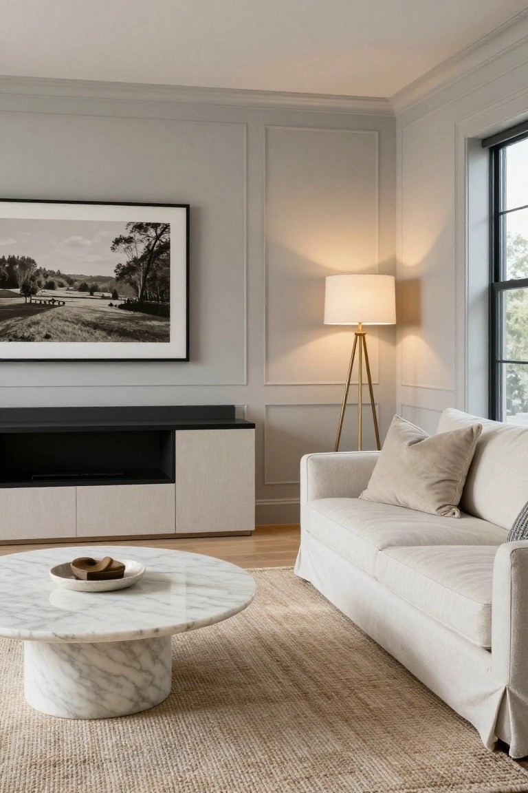 Corner of a light gray paneled living room with cream sofa, round white marble pedestal coffee table on beige seagrass rug holding a ceramic bowl, brass tripod floor lamp, black media console, and large black-and-white framed landscape photo.