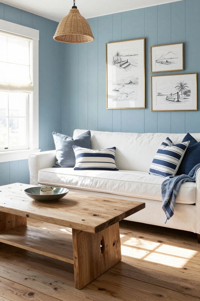Living room with light blue vertical shiplap walls, white slipcovered sofa piled with blue and striped pillows, rustic wooden coffee table holding a bowl, rattan pendant light, and framed black line drawings of boats and beaches on the walls.