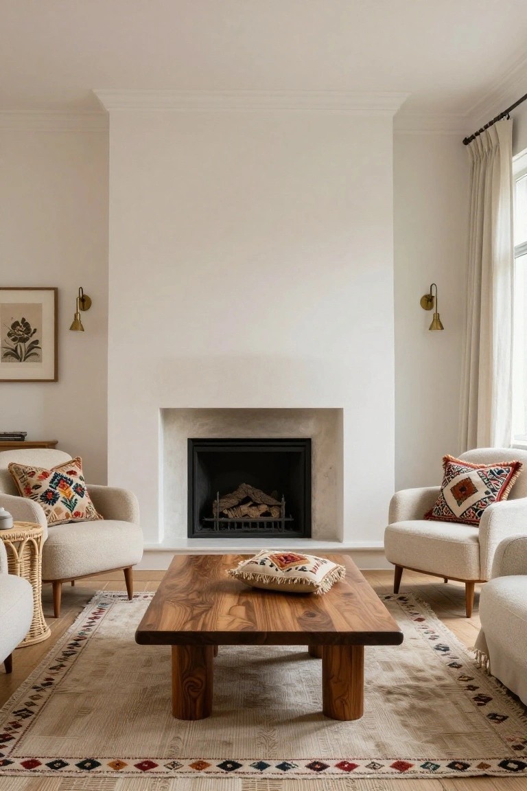 Living room featuring a fireplace between two cream armchairs with colorful patterned pillows, a large rectangular solid wood coffee table on a neutral rug, white walls with brass wall sconces, and framed artwork.