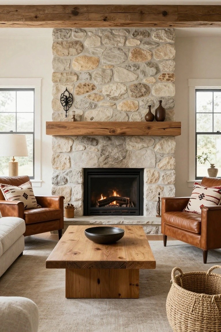 Living room with tall light stone fireplace, wooden beam mantel and ceiling beams, two tan leather armchairs with patterned pillows, wooden coffee table, white sofa section, neutral rug, and large windows.