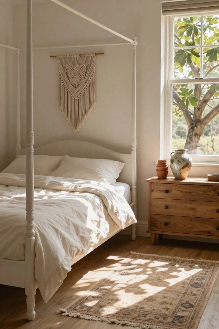 White four-poster canopy bed with rumpled white linens in a sunlit bedroom featuring a macrame wall hanging, wooden dresser with terracotta pots, large window with tree view, and patterned rug on wood floor.