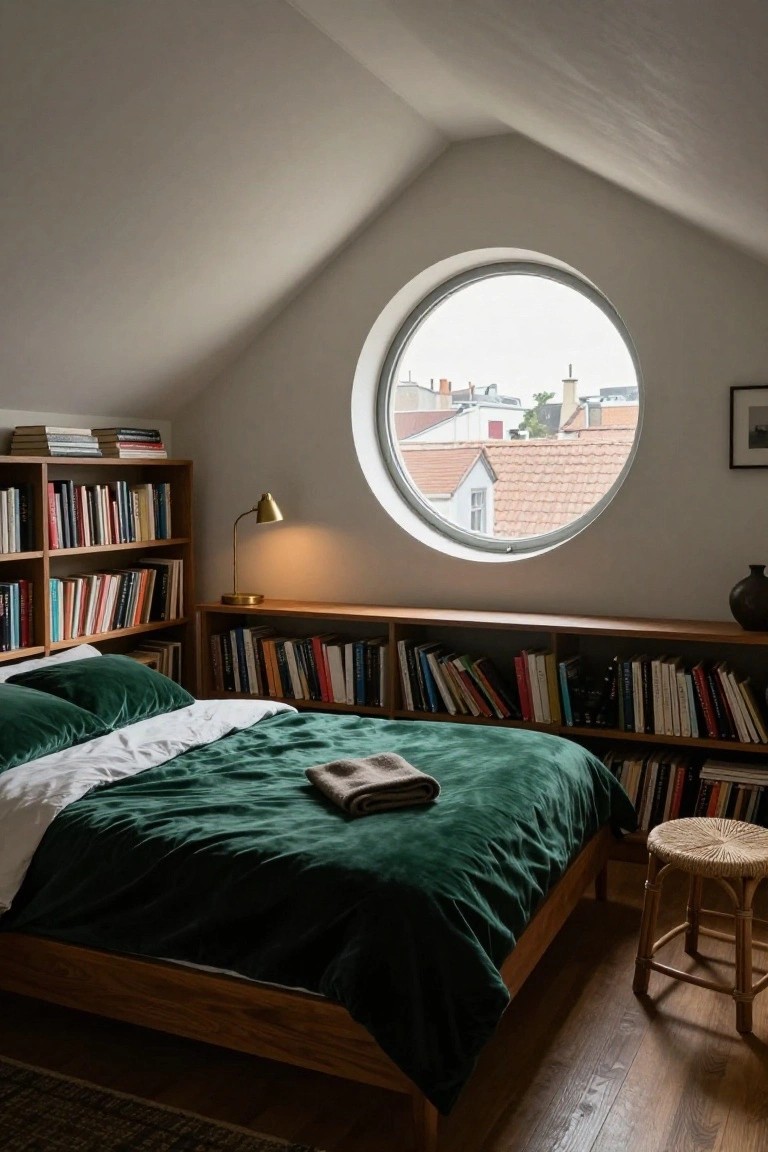 Attic bedroom with sloped white ceiling, round window overlooking rooftops, wooden bookshelves filled with books flanking a wooden bed with green velvet bedding and white sheets, brass desk lamp, rattan stool, and hardwood floor.