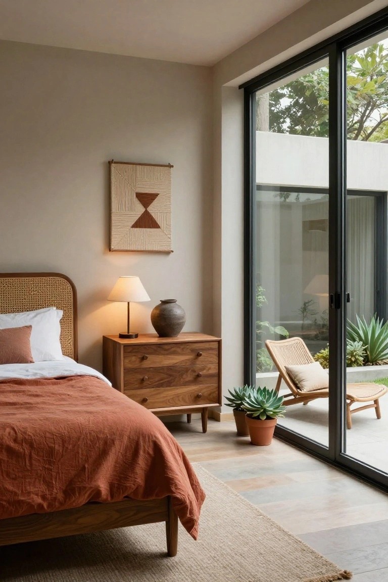 A bedroom interior featuring a bed with rattan headboard, wooden nightstand with lamp and vase, dresser, woven wall art, large sliding glass doors to a garden with plants and a rattan chair, neutral walls, and tiled floor.