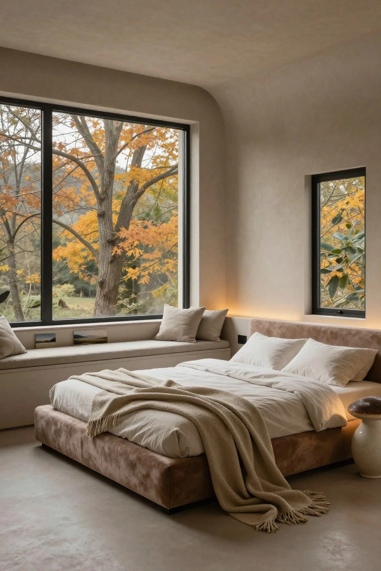 Minimalist bedroom featuring a low beige upholstered bed with white linens and throw, built-in window seat with beige pillows along large black-framed windows showing orange autumn trees outside, neutral textured walls and polished concrete floor.
