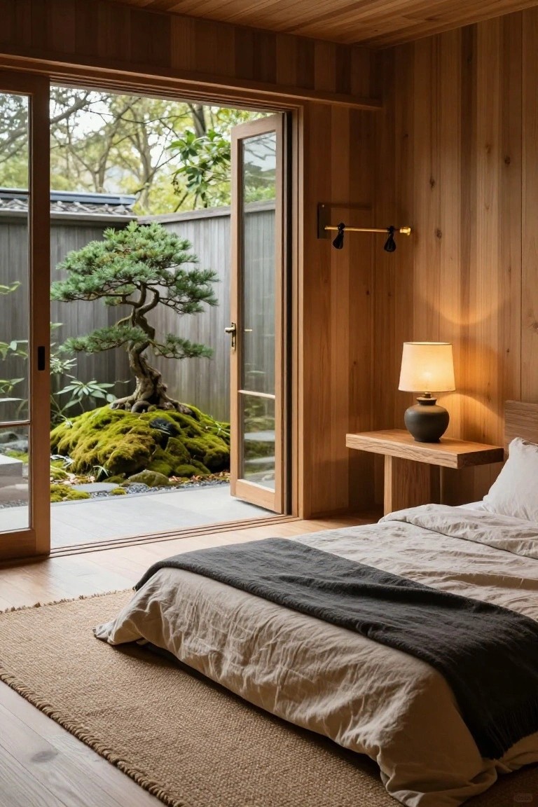Wooden-paneled bedroom interior with low platform bed, bedside table and lamp, open sliding glass doors to a fenced garden containing a bonsai pine tree on mossy mound with rocks and gravel.