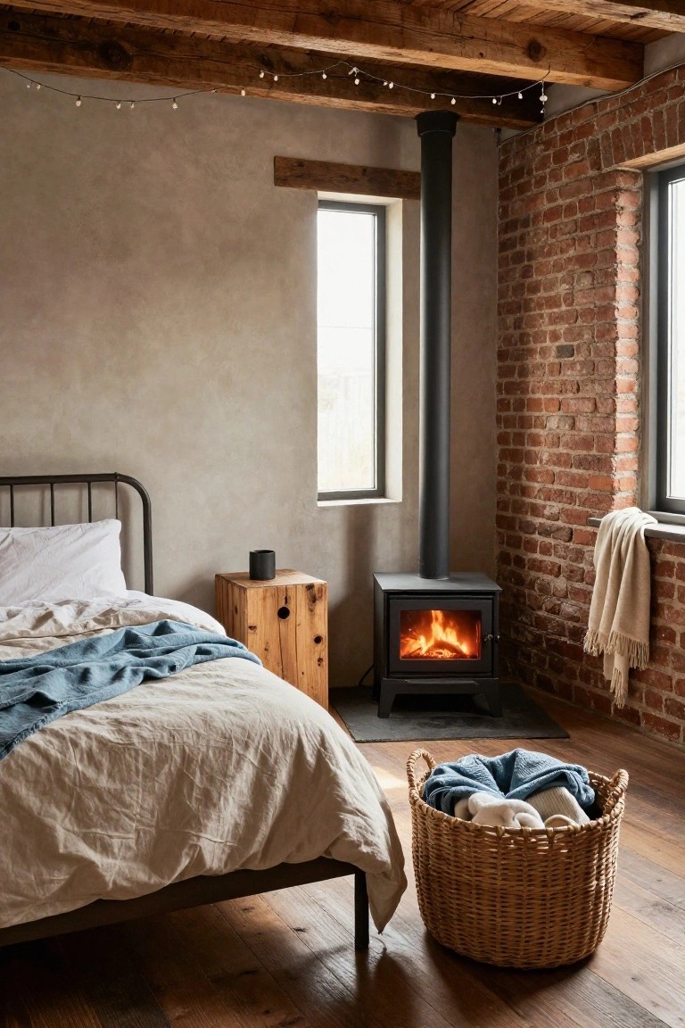 Rustic bedroom with exposed wooden beams, plaster and brick walls, iron bed with white sheets and blue throw blanket, wooden side table, lit wood-burning stove in corner, wicker basket on hardwood floor, and string lights overhead.
