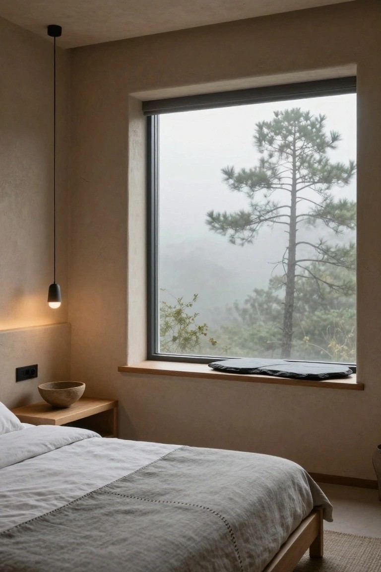 A minimalist bedroom interior with beige textured walls, a large window fogged with mist revealing pine trees and distant hills, a low wooden bed with light gray linen bedding, a hanging black pendant light, wooden side table with ceramic bowl, and slate pieces on the windowsill.