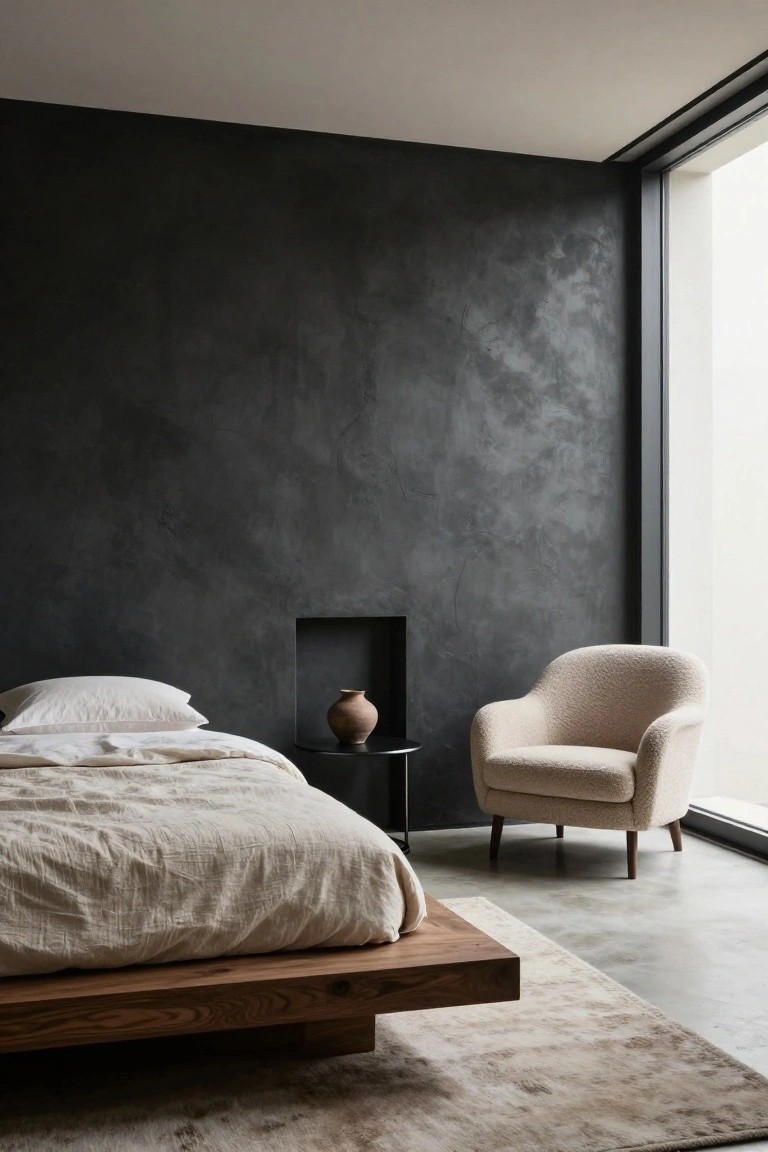 Modern bedroom with dark textured walls, low wooden platform bed covered in white linens, cream bouclé armchair next to black side table holding terracotta vase, polished concrete floor with beige rug, and floor-to-ceiling window.