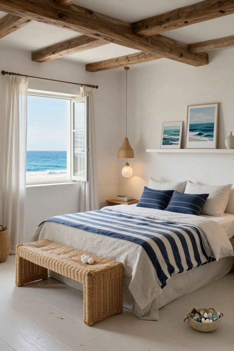 White bedroom interior with exposed dark wooden beam ceiling, bed covered in blue-and-white striped duvet and pillows, rattan bench, woven pendant light, shelves with ocean art, and open window showing blue sea and beach.
