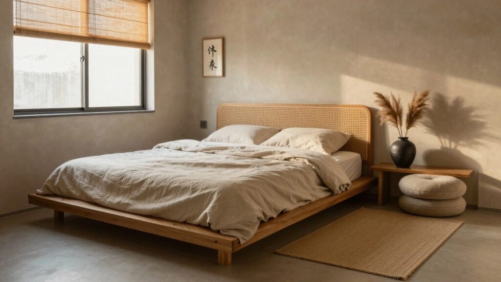 Light beige bedroom with low wooden platform bed covered in white linen bedding, rattan headboard, wooden bench below window with bamboo blinds, black vase holding pampas grass, small wooden nightstand with lamp, and framed artwork on wall.