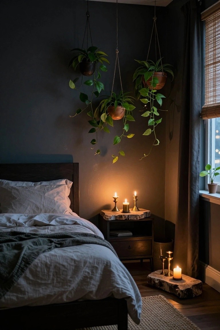 Hanging Plants Soften Dark Bedrooms