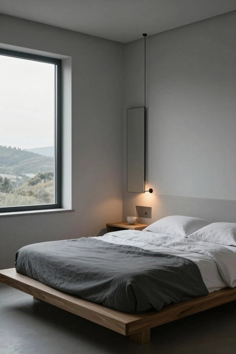 Minimalist bedroom interior with low wooden platform bed covered in gray linen duvet and white pillows, wooden side table holding a cup, slim vertical mirror and wall light, large window showing hillside landscape, neutral gray walls and concrete floor.