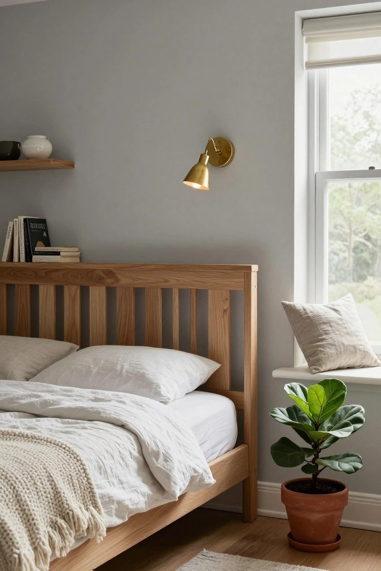 Light oak slatted bed frame with headboard in a gray-walled bedroom, white sheet set, knit throw, floating wooden shelf with books and vase above bed, gold wall sconce lit, linen pillow and ficus plant in terracotta pot on window sill, hardwood floor.