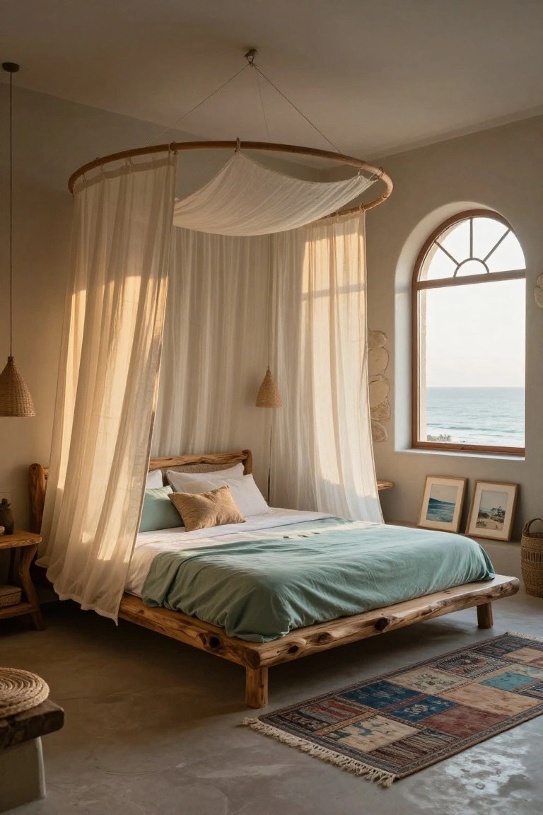A bedroom with a suspended round wooden canopy draped in sheer white curtains over a low natural wood platform bed with green bedding, beside a large arched window overlooking the sea, rattan lamps and stools, and a colorful woven rug on a concrete floor.