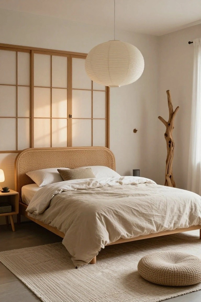 Bedroom with white shoji screens on wooden frames behind a beige rattan headboard bed draped in light linens, hanging white paper lantern, driftwood coat rack, bedside table with lamp, and woven pouf on light rug.