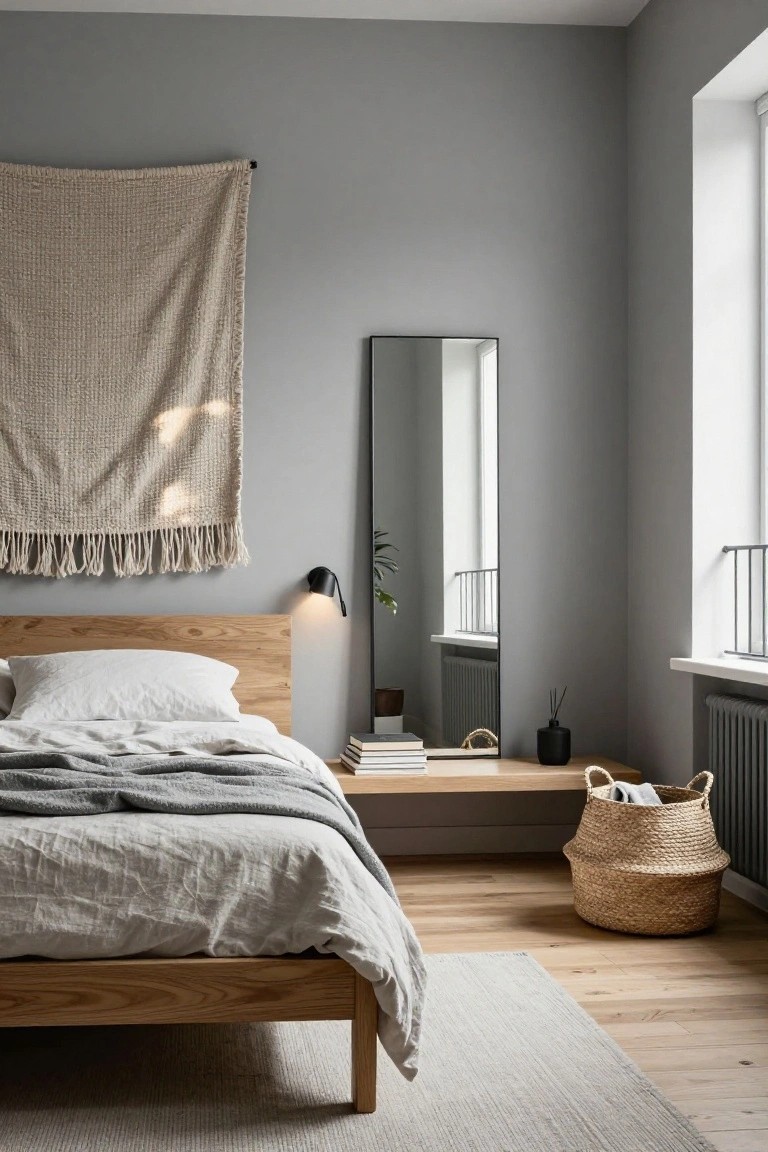 Gray bedroom with oak platform bed, white linen sheets and gray throw, beige woven tapestry on wall, black wall lamp, full-length mirror, wicker basket, and window with balcony.