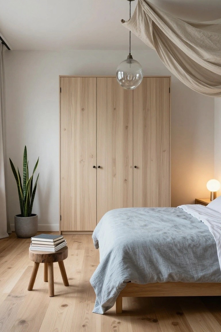 Bedroom with low wooden bed under beige linen canopy draped from ceiling, tall light wood wardrobe, snake plant in gray pot, wooden stool holding stacked books, and white lamp on wooden nightstand beside bed.