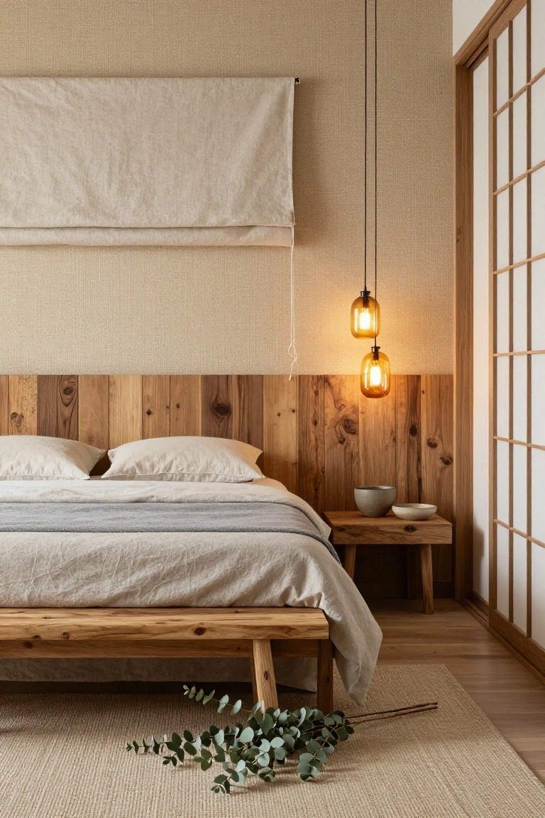 A bedroom interior with beige textured walls, a headboard wall of vertical light wood planks, low wooden platform bed with gray linens and white pillows, two hanging amber glass pendant lights, wooden nightstand with ceramic bowls, eucalyptus branches on a seagrass rug, and shoji screen doors.