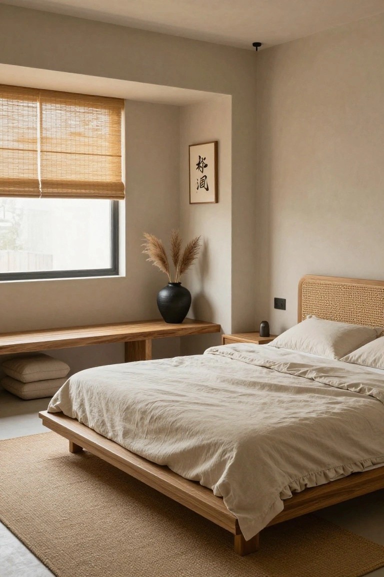Light beige bedroom with low wooden platform bed covered in white linen bedding, rattan headboard, wooden bench below window with bamboo blinds, black vase holding pampas grass, small wooden nightstand with lamp, and framed artwork on wall.
