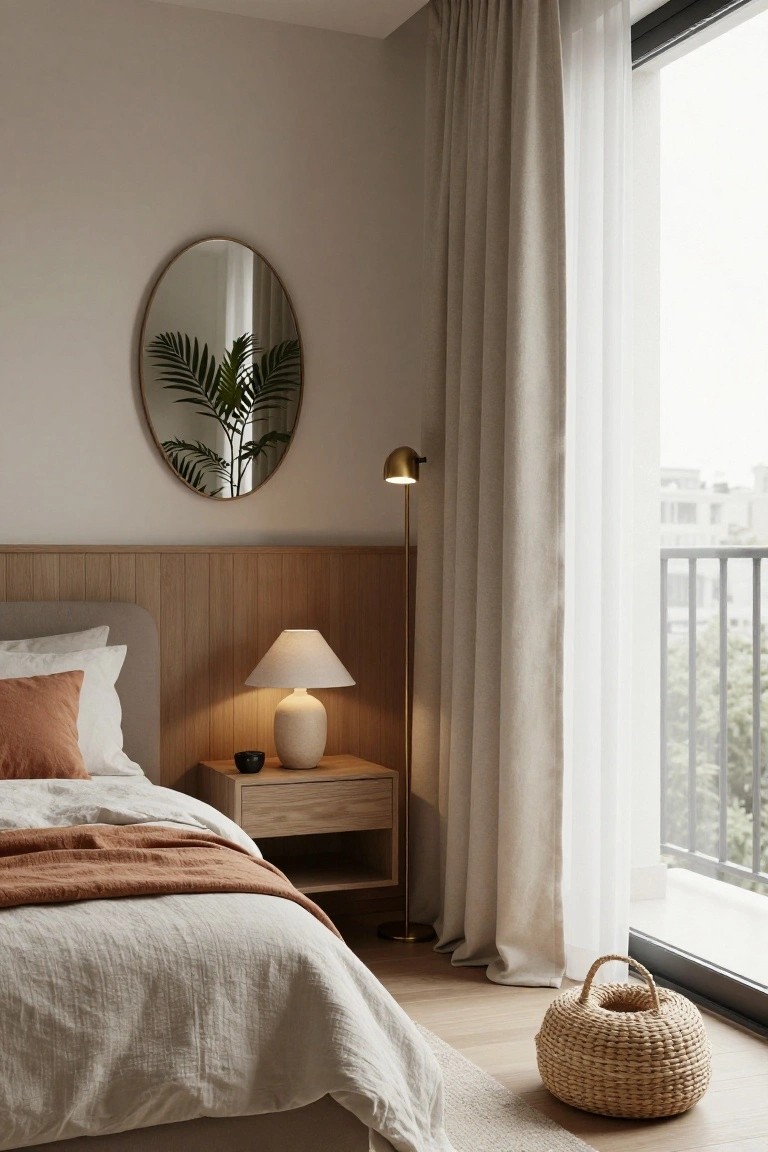 Bedroom with light wood vertical paneling on wall behind upholstered bed with white and peach pillows and linens, oak nightstand holding ceramic lamp and bowl, oval mirror reflecting potted palm, brass floor lamp, sheer curtains on sliding glass door to balcony, rattan basket on wood floor.