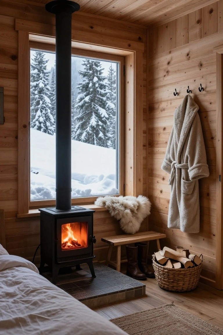 Wooden cabin bedroom interior with freestanding wood-burning stove by the bed, sheepskin rug on bench, large window showing snowy mountains and trees, hung robe, boots, and firewood basket.