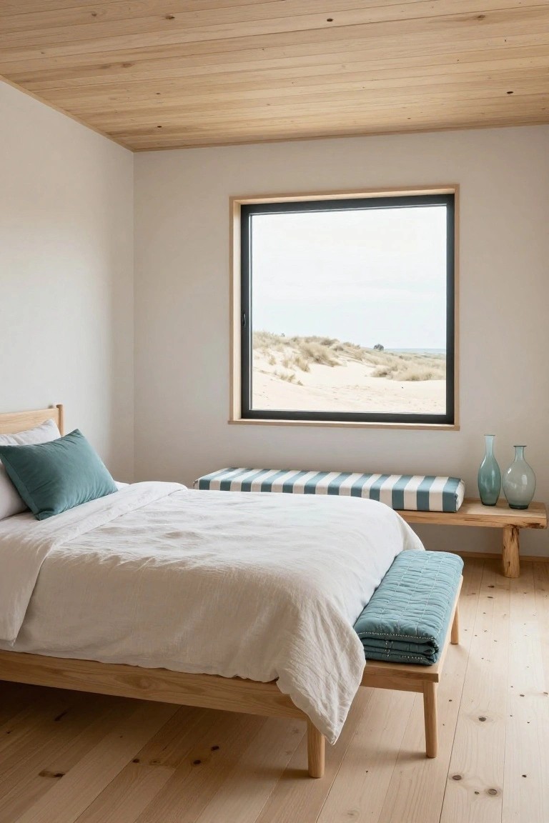 Bedroom with light wood plank ceiling and flooring, wooden bed with white linens and teal pillows, cushioned bench at foot, two glass vases on bench, and large black-framed window overlooking sand dunes and ocean.