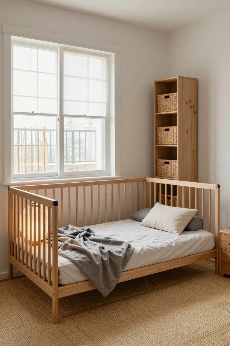 A bright nursery corner with a light wooden convertible crib featuring slatted sides, gray throw and white pillows on the mattress, next to a window with blinds and a wooden shelving unit holding wicker baskets, on a seagrass rug.