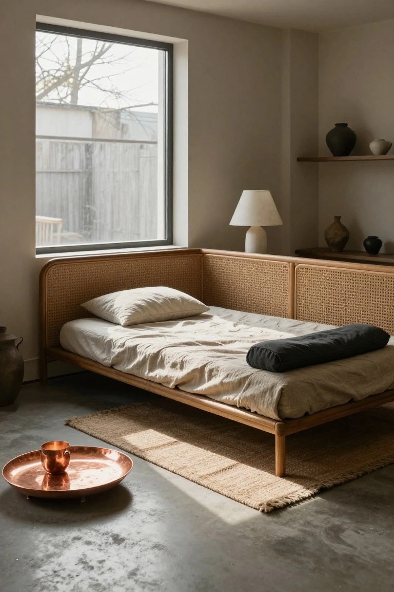 A minimalist bedroom with a low rattan bed frame featuring cane panels, white linen sheets, a black bolster pillow, seagrass rug, copper tray on polished concrete floor, large window overlooking a fenced yard, lamp, and ceramic vases on wooden shelves.