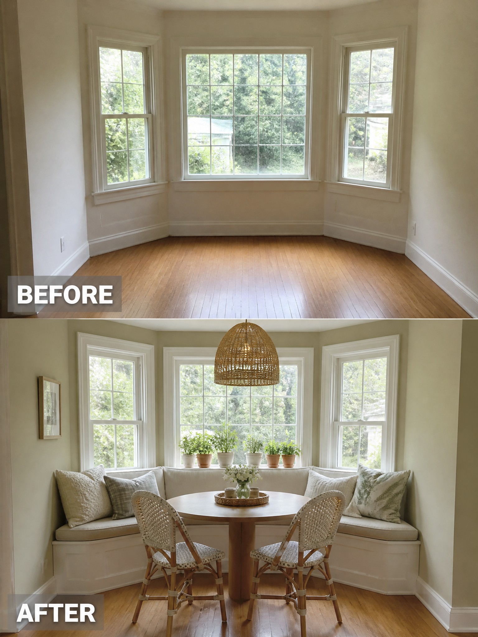Before-and-after image of an empty bay window room transformed by adding a built-in window seat, round table, chairs, and simple decor.