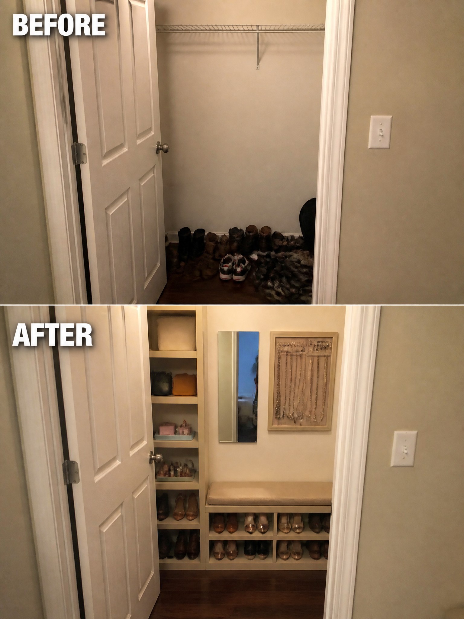 Before-and-after image of a cluttered closet transformed with built-in shelving, shoe storage, a bench, and wall accessories.