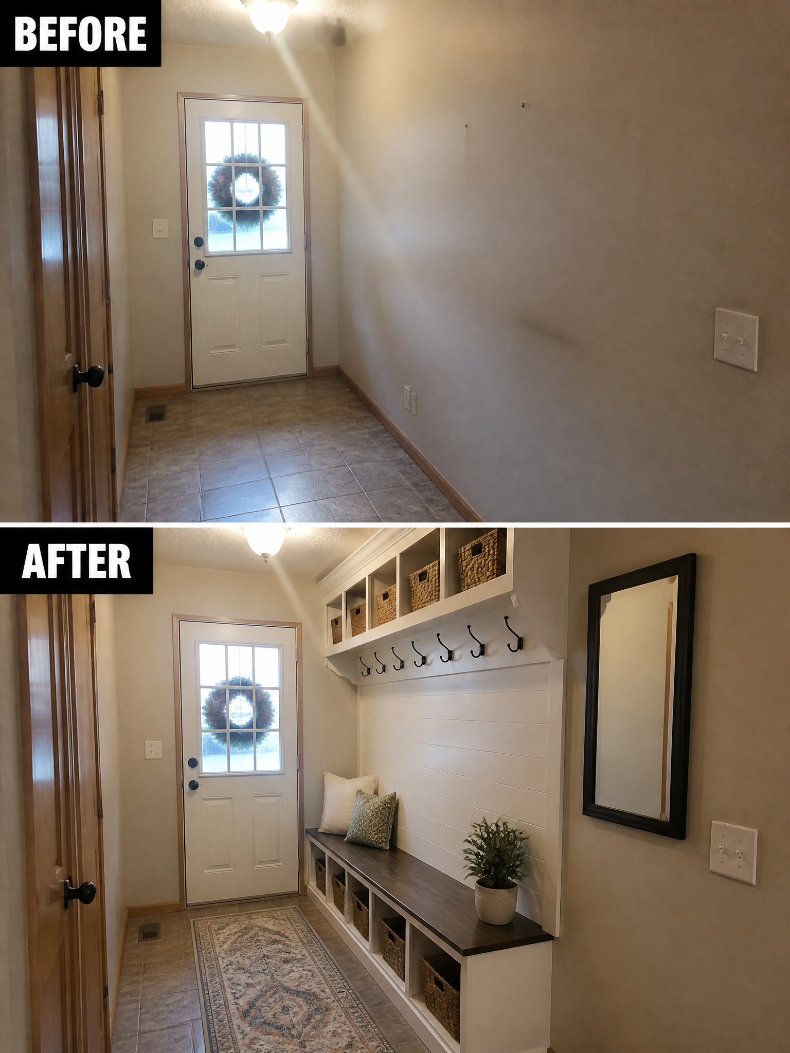 Entryway transformation showcasing a bench, hooks, and storage baskets against a light wall.