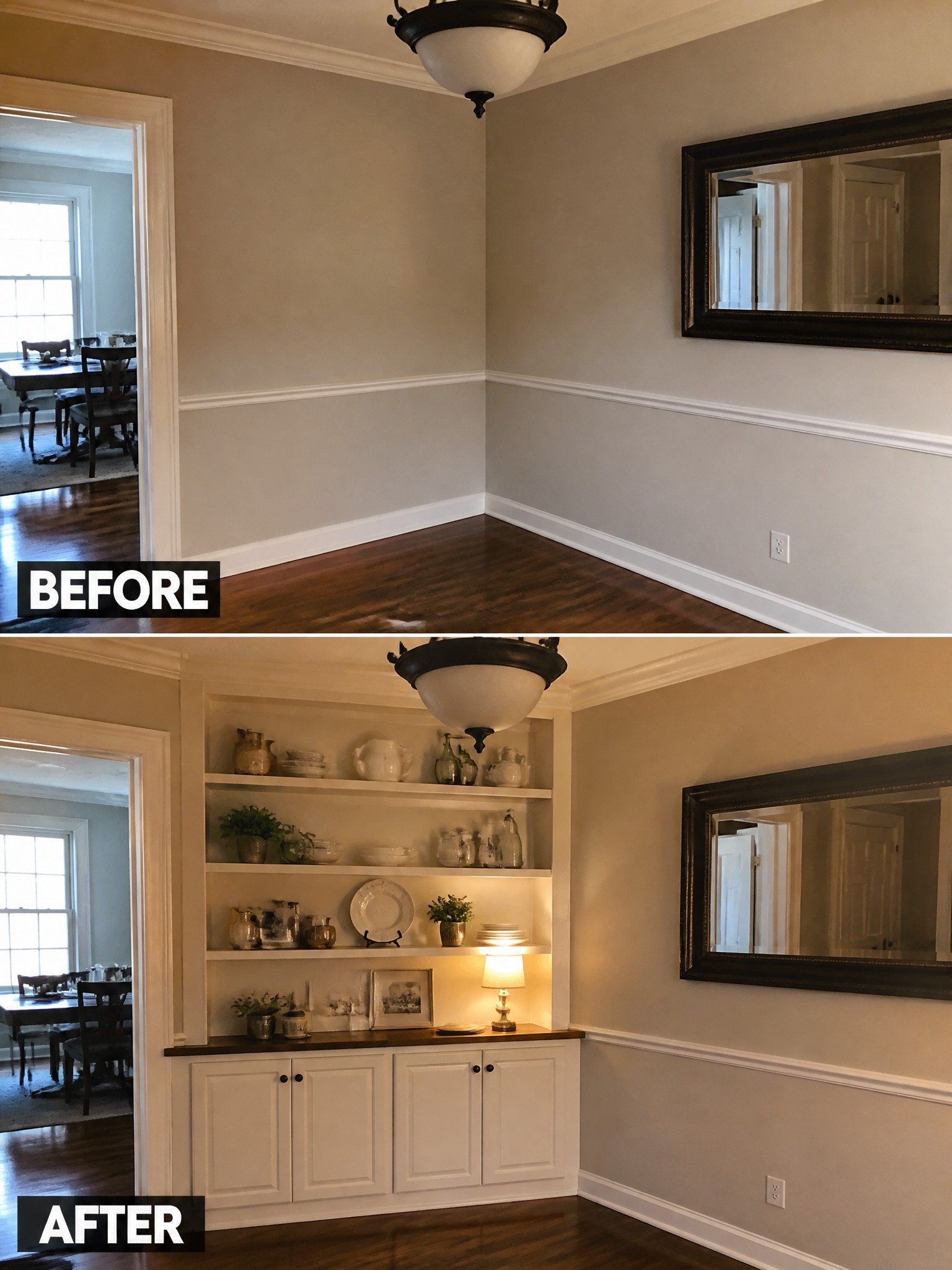A room transformation showcasing built-in shelves, decorative items, and warm lighting.
